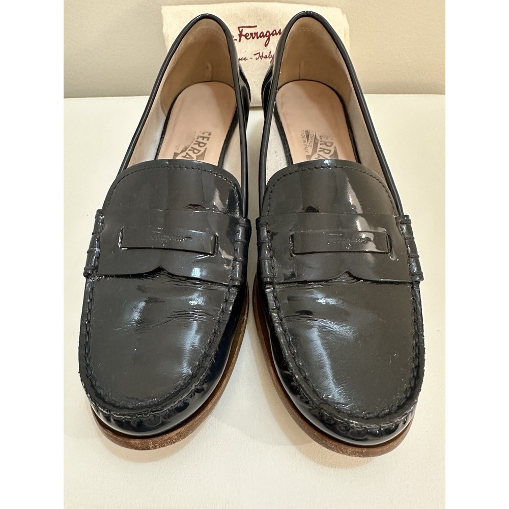 Salvatore Ferragamo Dark Blue Patent Leather Loafer Flats Women US 7.5 B